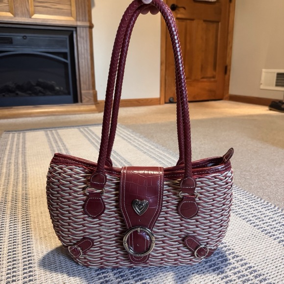 Brighton Handbags - Brighton Wicker Purse With Leather Straps, Zipper Top & Magnetic Leather Flap